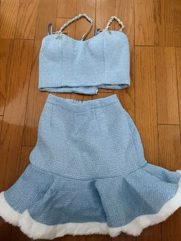 스카이블루 트위드 플레어 스커트 세트