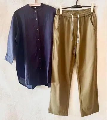 2점 린넨 100% 블라우스 면 100% 올리브 그린 팬츠
