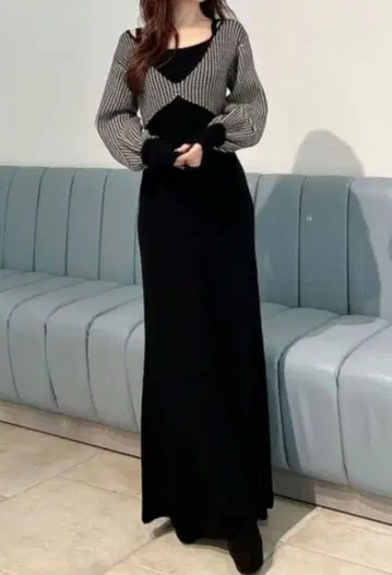 RESEXXY 하운드 투스 니트 원피스 블랙