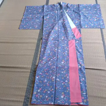 코몬 기모노 스카이블루 계열 꽃무늬 핑크