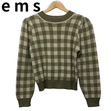 엠즈 엑사이트 하이넥 체크 무늬 니트 스웨터 퍼프 슬리브 올풀림 있음