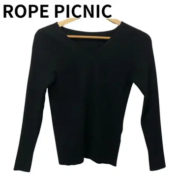 로페피크닉 블랙 V넥 리브 니트 절개 심플 얇은 소재