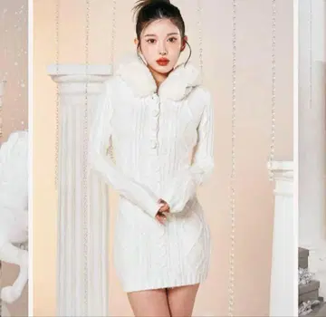 다리치 후드 퍼 케이블 니트 미니 원피스 FREE