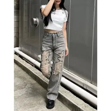 택 포함 새상품 에브리리스 하이 데미지 세미 와이드 데님 팬츠