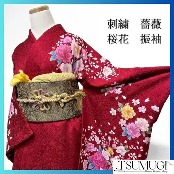 자수 장미 창포 벚꽃 리본 후리소데 성인식 특별한 날 기모노 021a p