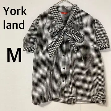 요크랜드 리본 블라우스 [M] 반팔 셔츠 깅엄 체크 면 100%