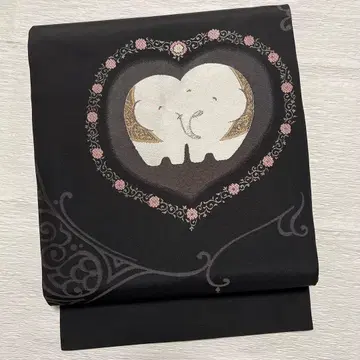 하트 코끼리 나고야 오비 순수 실크 블랙 베이스