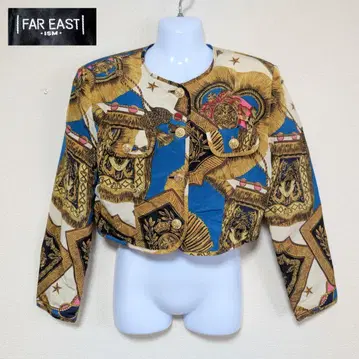 노카라 자켓 올 패턴 스카프 패턴 레트로 골드 버튼 크롭 기장