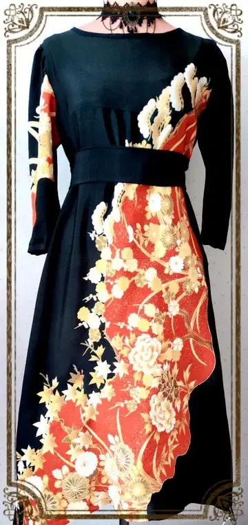 토메소데 리메이크 일본풍 꽃무늬 롱 원피스 블랙 레드 골드 끈 포함