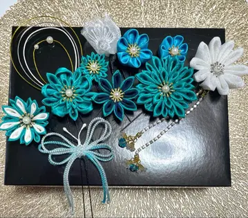 터콰이즈 컬러 츠마미자이쿠 머리 장식 성인식, 졸업식, 시치고산