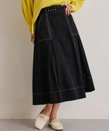 플레어 스커트 블랙 데님 벨트 포함 배색 스티치 아지메 스커트