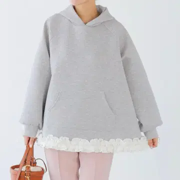 Fit more 밑단 프릴 텐트라인 후디 그레이