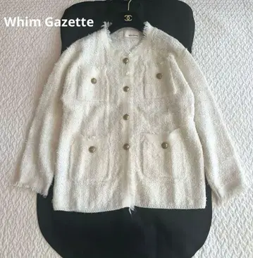 새상품급 Whim Gazette 트위드 니트 노카라 자켓 골드 버튼
