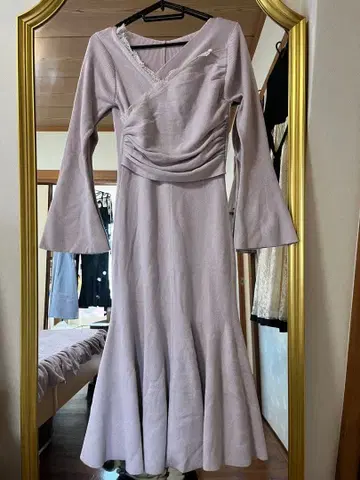 연보라 니트 롱 원피스 플레어 슬리브