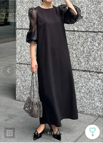 시어 소재 벌룬 슬리브 롱 원피스