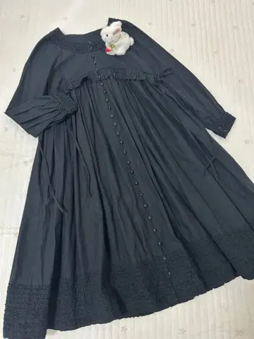 핑크하우스 노카라 원피스 긴팔 피코프릴 리본 면