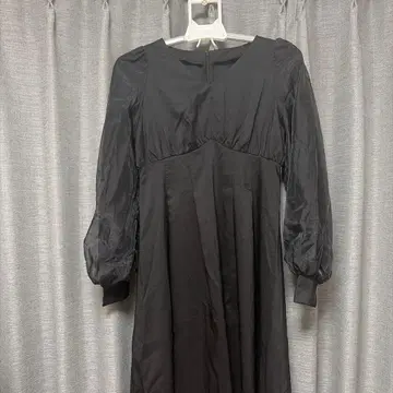 블랙 롱 드레스 긴팔 허리밴딩