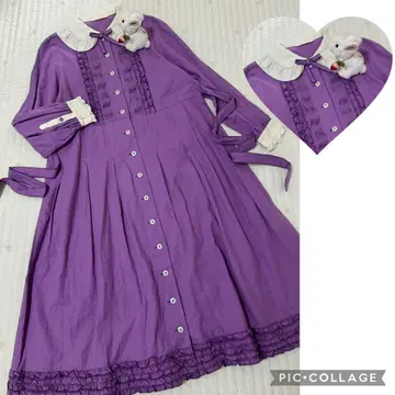 핑크하우스 기모 긴팔 원피스 보라색 피코 프릴 꽃 핀턱