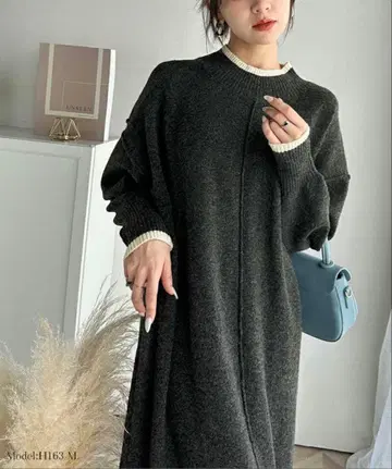 니트 원피스 긴팔 다크 그레이 베이지