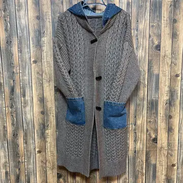 브라운 케이블 짜임 롱 코트 데님 후드