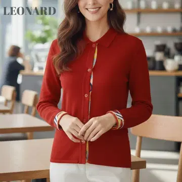 [ 미사용급 ] 레오나르 울 100% 니트 가디건 레드 빨간색 M 사이즈