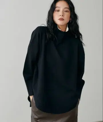 랄루타 라운드 헤임 2단 카라 니트 블랙