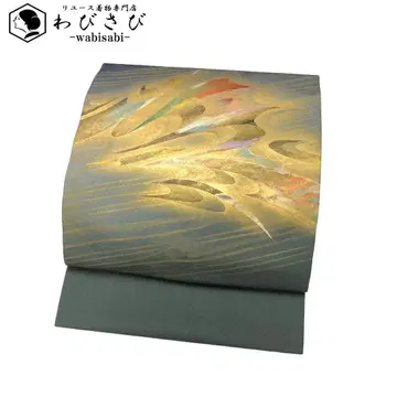 나고야 오비 시오제 아름다운 추상 무늬 금채 담색 O-5374