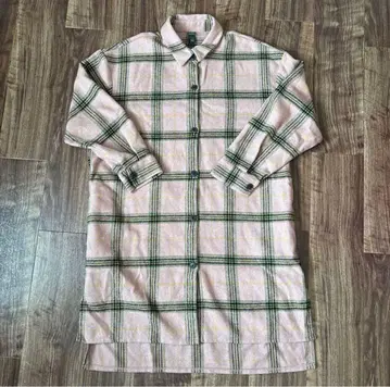 핑크와 그린 체크 무늬 롱 코트 울 구제 L 사이즈 미국 빈티지 의류