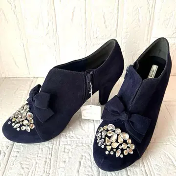 미사용 [ 란다 ] 비쥬 리본 사이드 지퍼 스웨이드 느낌 펌프스 네이비