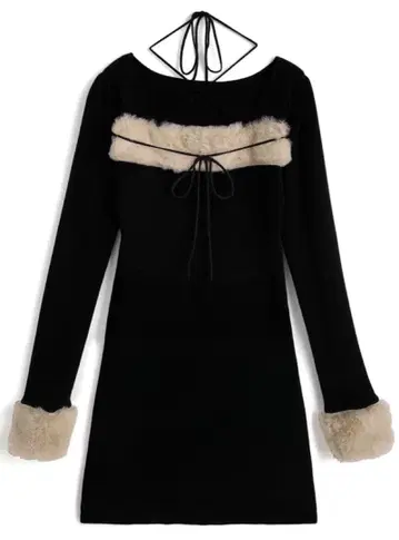 GRL 퍼 홀터넥 리본 니트 원피스 ru1388