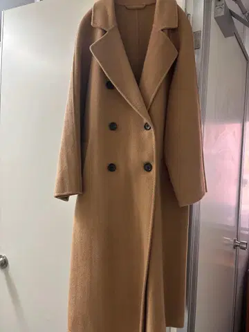 베이지 100% 양모 더블 브레스트 롱 코트