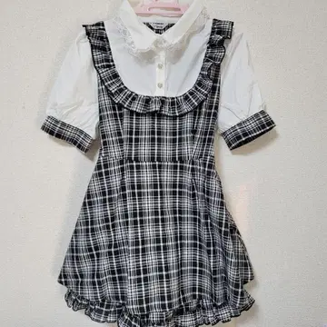 프릴 옷깃 체크 무늬 셋업 양산 지뢰