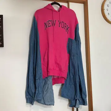 NEW YORK 핑크 데님 후드티 구제 의류 리메이크