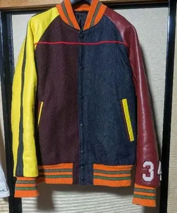 THREEFACE 멀티 컬러 소매 가죽 넘버링 바시티 자켓 무라준