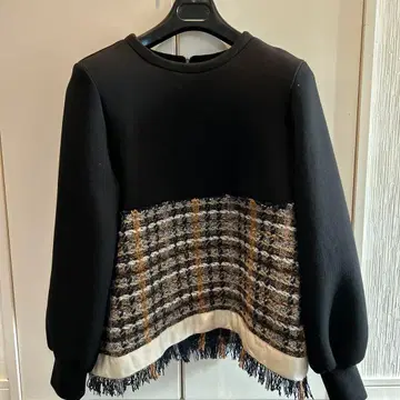 LHELBIE 종이상자 소재 프린지 달린 체크 무늬 니트탑