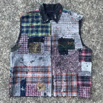 [ 리메이크 ] 보로 보로 패치워크 자수 베스트 짧은 기장 빈티지 가공