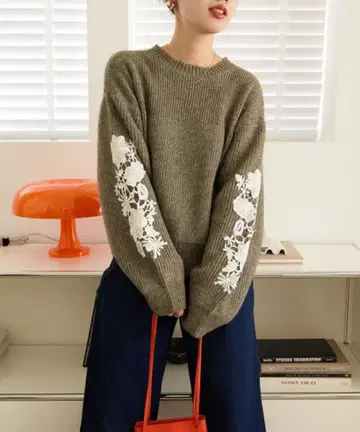 FREAK'S STORE 소매 레이스 편직 니트 풀오버 베이지