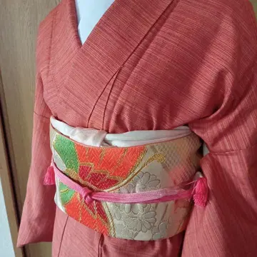 기모노 오렌지 나비 패턴 후쿠로 오비 포함