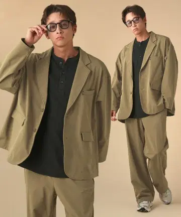 스트레치 나일론 싱글 테일러드 자켓 & 와이드 스트레이트 이지 팬츠