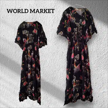 1점 한정 WORLD MARKET 꽃무늬 롱 원피스 반팔 블랙