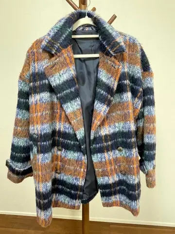 체크 무늬 더블 브레스트 코트 F 사이즈