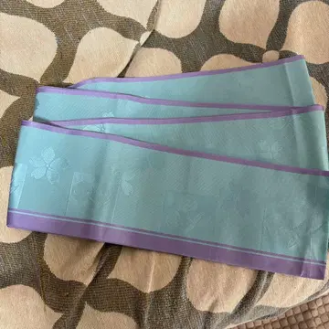 스카이블루와 보라색 꽃무늬 반폭 오비 하카타 오리