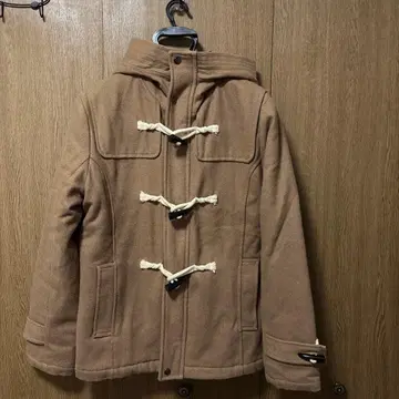 베이지 더플 코트 후드 부착