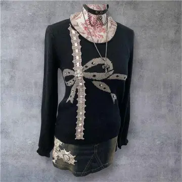 엑시즈팜 레이스 니트 다크 코켓 모리걸 리본 고스로리