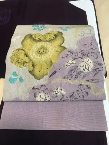 오비(약 27.3cm) 나고야 오비 꽃무늬 나비 무늬 보라색 그레이