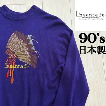 90s 산타페 인디언 패턴 자수 울 니트 스웨터 보라색 L