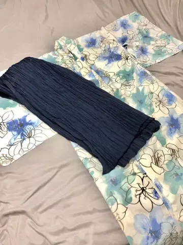 파랑과 화이트 꽃무늬 유카타 오비 세트 S 사이즈