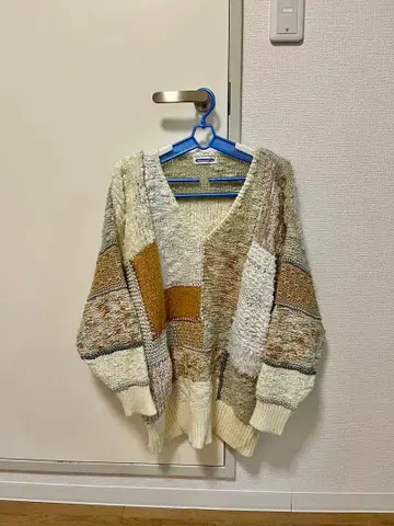 베이지 브라운 구제 의류 패치워크풍 V넥 니트