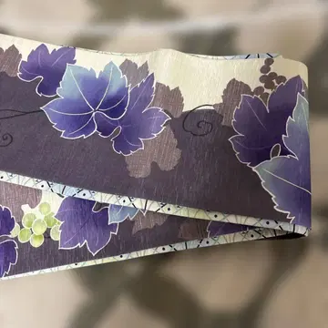 보라색 잎과 포도 반폭 오비 wakka 와카 순수 실크