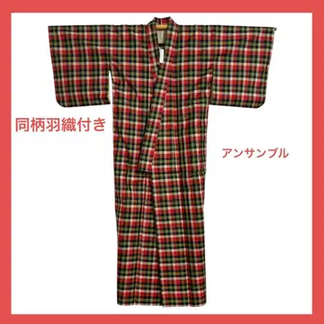 새상품급 기모노 체크 무늬 코몬 빨간색 앙상블 와양 믹스에도! 캐주얼